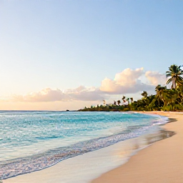 Caribbean Holidays, Barbados Wellness, Quiet tropical beach in Barbados at sunrise, calm turquoise sea, soft golden light and a relaxed holiday atmosphere