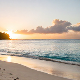 Caribbean Holidays, Barbados Wellness, Quiet tropical beach in Barbados at sunrise, calm turquoise water, soft golden light and a relaxed holiday atmosphere