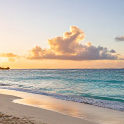 Caribbean Holidays, Barbados Wellness, Relaxed Barbados beach at sunrise in August, soft golden light, calm turquoise sea and a quiet shoreline