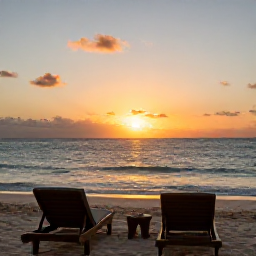 Caribbean Holidays, Barbados Wellness, Relaxed Barbados sunset over the sea with a quiet beach, comfortable loungers and warm evening colours