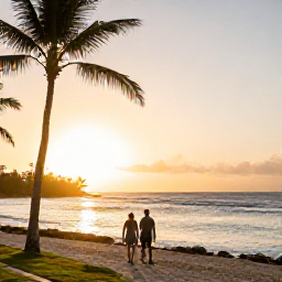 Caribbean Holidays, Barbados Wellness, Relaxed couple walking beside a quiet Barbados coastline at sunset in January, palm trees, gentle waves and warm natural light