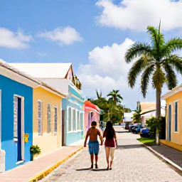 Caribbean Holidays, Barbados Wellness, Relaxed couple walking through the historic streets of Bridgetown, Barbados, colourful buildings and tropical sunshine
