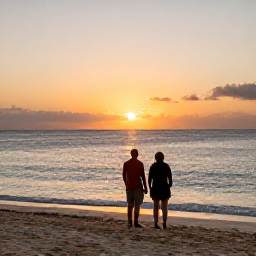 Caribbean Holidays, Barbados Wellness, Relaxed evening scene in Barbados with a couple watching the sunset from a quiet beach, warm sky and calm sea