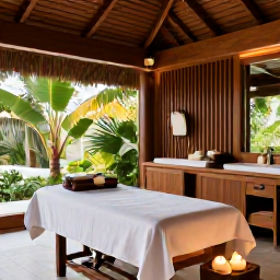 Caribbean Holidays, Barbados Wellness, Relaxing spa treatment in a stylish Barbados resort, natural wood, tropical greenery, candles and an atmosphere of calm