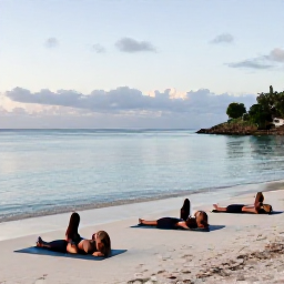 Caribbean Holidays, Barbados Wellness, Travellers doing gentle yoga on a quiet Barbados beach beside calm blue water at dawn