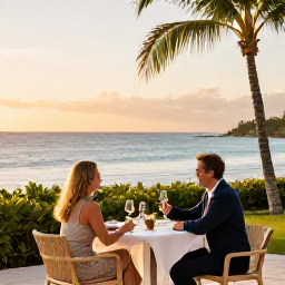 Caribbean Holidays, Barbados Wine Tasting, A couple enjoying wine at a stylish Barbados beachfront table during golden hour, with calm sea and palm trees