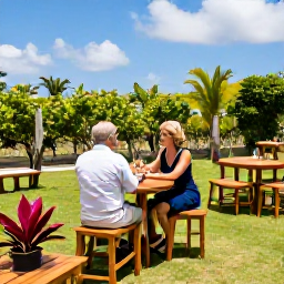 Caribbean Holidays, Barbados Wine Tasting, A couple exploring a Barbados vineyard-style garden and tasting room, with tropical plants, wooden tables and blue skies