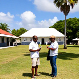 Caribbean Holidays, Barbados Wine Tasting, A couple touring a historic Barbados rum estate and plantation grounds after a wine tasting, with palm trees and traditional buildings