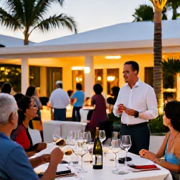 Caribbean Holidays, Barbados Wine Tasting, A friendly Barbados wine expert presenting a tasting table in a stylish hotel courtyard, with palm trees and guests enjoying the evening