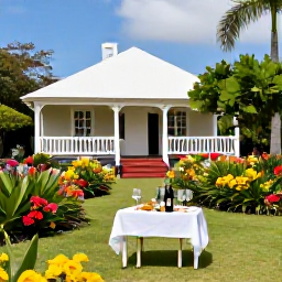 Caribbean Holidays, Barbados Wine Tasting, A peaceful Barbados plantation garden with tropical flowers, a heritage house and a small table prepared for a food and wine experience