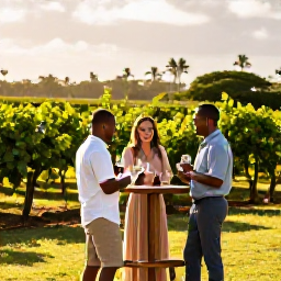 Caribbean Holidays, Barbados Wine Tasting, A relaxed vineyard and rum landscape in Barbados with tropical greenery, warm sunlight and a welcoming tasting table