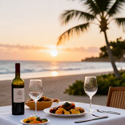 Caribbean Holidays, Barbados Wine Tasting, A relaxed wine tasting table beside a Barbados beach at sunset, with local Caribbean dishes, elegant glasses and palm trees in the background