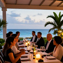 Caribbean Holidays, Barbados Wine Tasting, An elegant Barbados evening wine tasting on a candlelit terrace, overlooking the Caribbean Sea with tropical greenery
