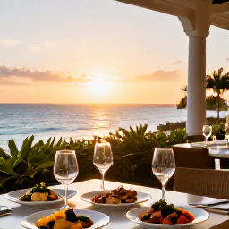 Caribbean Holidays, Barbados Wine Tasting, An elegant Barbados restaurant terrace overlooking the Caribbean, with wine glasses, local dishes and sunset light