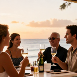Caribbean Holidays, Barbados Wine Tasting, Guests sampling chilled white wine and sparkling wine at a stylish beachfront restaurant in Barbados at sunset