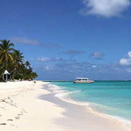 Caribbean Holidays, Beach Excursions, A bright Caribbean beach with turquoise water, white sand, palm trees and a small excursion boat near the shore