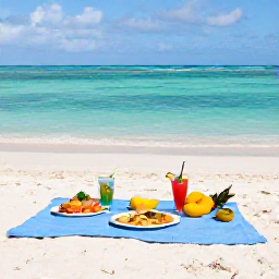 Caribbean Holidays, Beach Excursions, A friendly Caribbean beach picnic with fresh local food, tropical fruit and drinks beside calm turquoise water