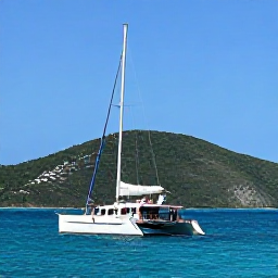Caribbean Holidays, Beach Excursions, A small catamaran sailing along a Caribbean coastline at midday, with guests relaxing on deck and green hills behind