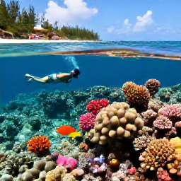 Caribbean Holidays, Beach Excursions, Travellers snorkelling above a colourful Caribbean coral reef in clear shallow water, with a sandy beach in the background