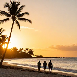 Caribbean Holidays, Beach Excursions, Travellers walking along a peaceful Caribbean beach at sunset, with warm golden light, palm silhouettes and gentle waves
