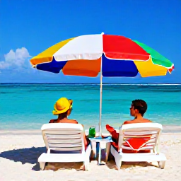 Caribbean Holidays, Beach Lounging, Couple relaxing under a colourful beach umbrella on a Caribbean beach, with books, chilled drinks and clear blue water