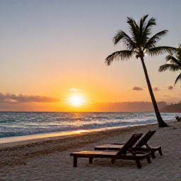 Caribbean Holidays, Beach Lounging, Golden Caribbean sunset viewed from a quiet sandy beach, with empty loungers, gently rolling waves and silhouettes of palm trees