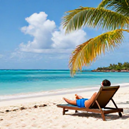 Caribbean Holidays, Beach Lounging, Relaxed traveller reclining on a comfortable sun lounger beside a calm turquoise Caribbean sea, soft white sand and palm trees