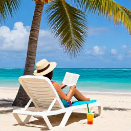 Caribbean Holidays, Beach Lounging, Traveller reading a book on a Caribbean beach lounger beneath a palm tree, with a straw hat, sunscreen and a tropical drink nearby