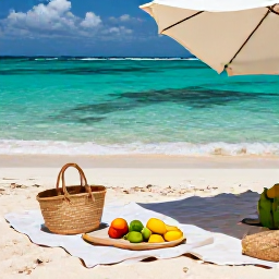 Caribbean Holidays, Beach Picnics, A relaxed Caribbean beach picnic with a woven basket, colourful tropical fruit and a shaded picnic blanket beside clear turquoise water