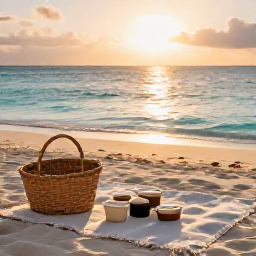 Caribbean Holidays, Beach Picnics, A tidy Caribbean beach picnic at sunset with an empty basket, reusable containers and golden light over calm turquoise water