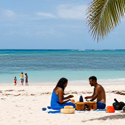 Caribbean Holidays, Beach Picnics, Family and friends enjoying a beach picnic on a Caribbean island, with children playing near the shoreline and a calm blue sea