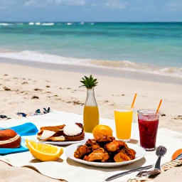 Caribbean Holidays, Beach Picnics, Fresh Caribbean picnic food including jerk chicken, tropical fruit, coconut bread and chilled drinks arranged on a beach blanket