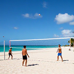 Caribbean Holidays, Beach Volleyball, Friendly beach volleyball match on a bright Caribbean beach, turquoise sea and palm trees in the background