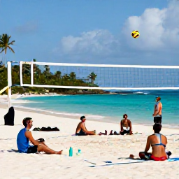 Caribbean Holidays, Beach Volleyball, Happy beach volleyball players relaxing beside a Caribbean shoreline after a game, with water bottles and tropical scenery
