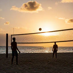 Caribbean Holidays, Beach Volleyball, Sunset beach volleyball on a Caribbean island, players silhouetted against a golden sky beside the sea