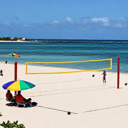 Caribbean Holidays, Beach Volleyball, Travellers playing a relaxed game of beach volleyball at a Caribbean resort, with colourful beach umbrellas and calm blue water