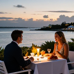 Caribbean Holidays, Bermuda Adults Only, A couple dining at an elegant waterfront restaurant in Bermuda at sunset, with fresh seafood, local produce and softly lit tables