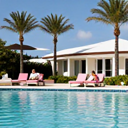 Caribbean Holidays, Bermuda Adults Only, A couple relaxing beside a calm turquoise swimming pool at an adults-only resort in Bermuda, with palm trees and bright April sunshine
