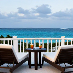 Caribbean Holidays, Bermuda Adults Only, A stylish adults-only hotel terrace overlooking Bermuda's blue sea, with comfortable loungers, soft evening light and two drinks on a table