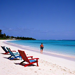 Caribbean Holidays, Bermuda Adults Only, Bermuda pink-sand beach with turquoise sea, colourful beach chairs and a couple walking along the shoreline in May