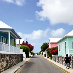 Caribbean Holidays, Bermuda Adults Only, Colourful Bermuda streets with pastel houses, flowering gardens, historic stone walls and visitors exploring on foot