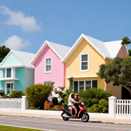 Caribbean Holidays, Bermuda Adults Only, Couple exploring Bermuda by scooter near pastel-coloured houses and lush roadside gardens on a sunny day