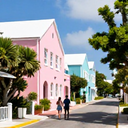 Caribbean Holidays, Bermuda Adults Only, Couple exploring pastel buildings and leafy streets in Hamilton, Bermuda, on a bright sunny day