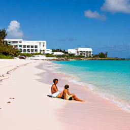 Caribbean Holidays, Bermuda Adults Only, Couple relaxing on a quiet pink-sand beach in Bermuda in warm May sunshine, clear turquoise water and elegant resort setting