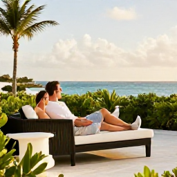 Caribbean Holidays, Bermuda Adults Only, Couple relaxing on a stylish Bermuda resort terrace overlooking the sea, with tropical greenery and soft afternoon light