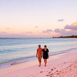 Caribbean Holidays, Bermuda Adults Only, Couple walking along a pink-sand Bermuda beach at sunset, with calm turquoise water and softly lit skies