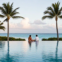Caribbean Holidays, Bermuda Adults Only, Elegant adults-only Bermuda resort with swimming pool, palm trees, ocean views and a couple enjoying a peaceful afternoon