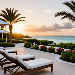 Caribbean Holidays, Bermuda Adults Only, Elegant adults-only resort terrace overlooking Bermuda coastline at sunset, comfortable loungers and tropical gardens