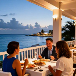 Caribbean Holidays, Bermuda Adults Only, Elegant Bermuda restaurant terrace at dusk, with a couple enjoying dinner, local seafood and a view across the ocean