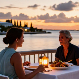 Caribbean Holidays, Bermuda Adults Only, Elegant outdoor dinner for two at a Bermuda waterfront restaurant at sunset, with local seafood and warm lantern light